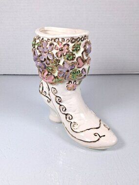 Vintage White Ceramic Victorian Boot Planter Vase Floral With Gold Accent 1973